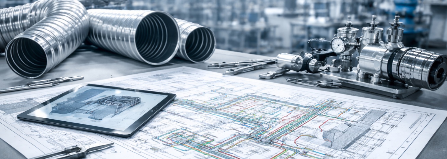Schema tecnico di impianti meccanici con tubazioni, componenti e progetto su tavolo di lavoro