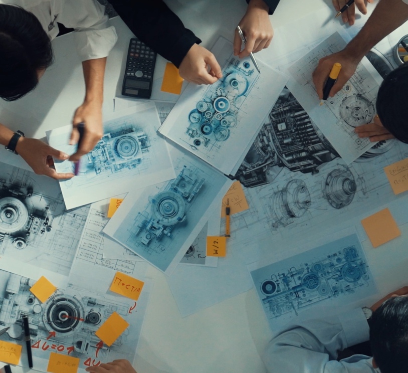 Team di ingegneri al lavoro su disegni tecnici e progetti impiantistici