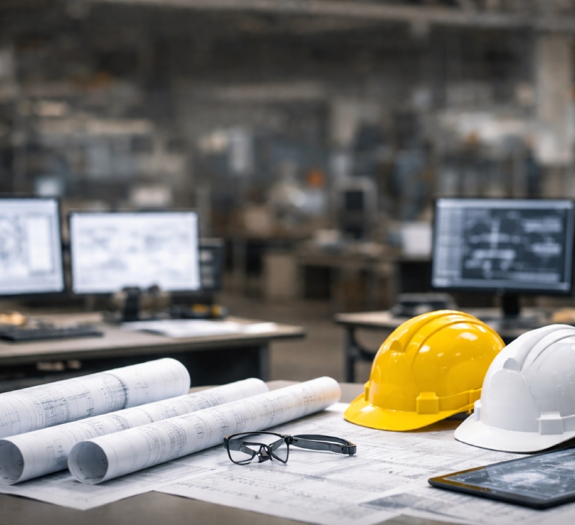 Postazione di lavoro ingegneristica con caschi da cantiere e disegni tecnici su tavolo